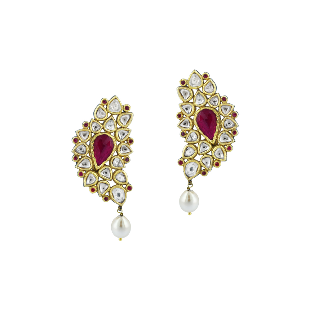 Polki Earrings with Ruby Colour Stone and South Sea Pearl Drop